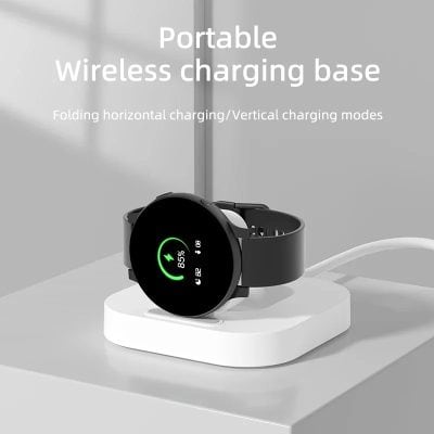 Wireless portable charging smartwatch on a sleek charging dock, highlighting convenient device power management for health and fitness tracking.