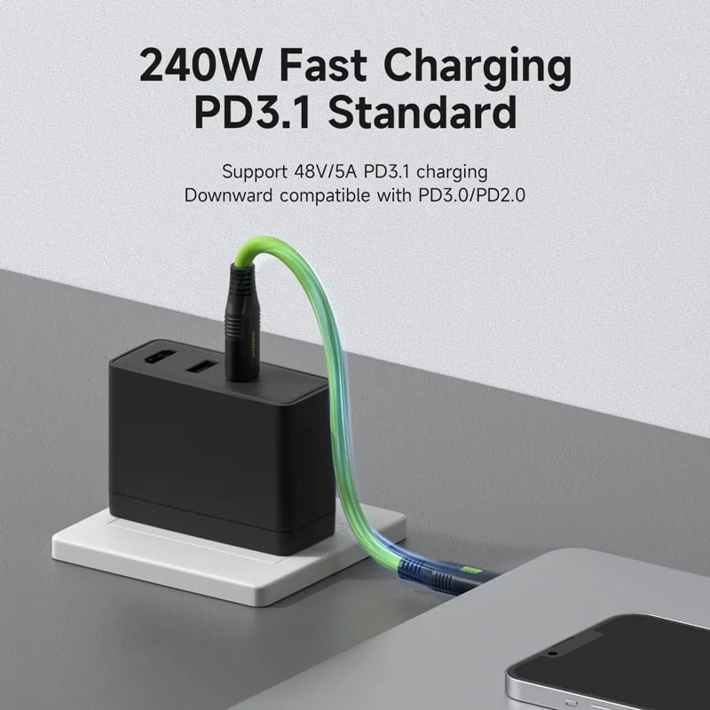 240W fast charging PD3.1 compatible power bank for tablets and smartphones, with USB and USB-C ports, sleek black design, ideal for portable charging solutions.