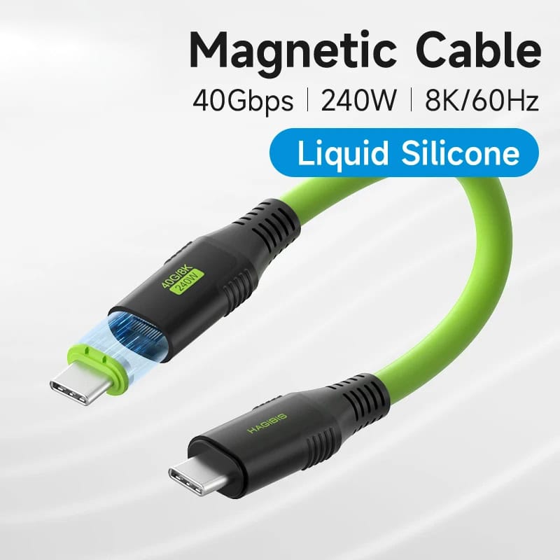 40Gbps magnetic USB-C cable with liquid silicone insulation, 240W power delivery, 8K video support, optimized for high-speed data transfer and fast charging. Ideal for modern electronic device connectivity.