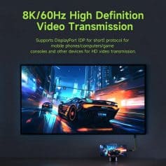 8K 60Hz high definition LED TV showcasing fast video transmission for gaming and entertainment, supporting DisplayPort protocol for vivid visual quality.