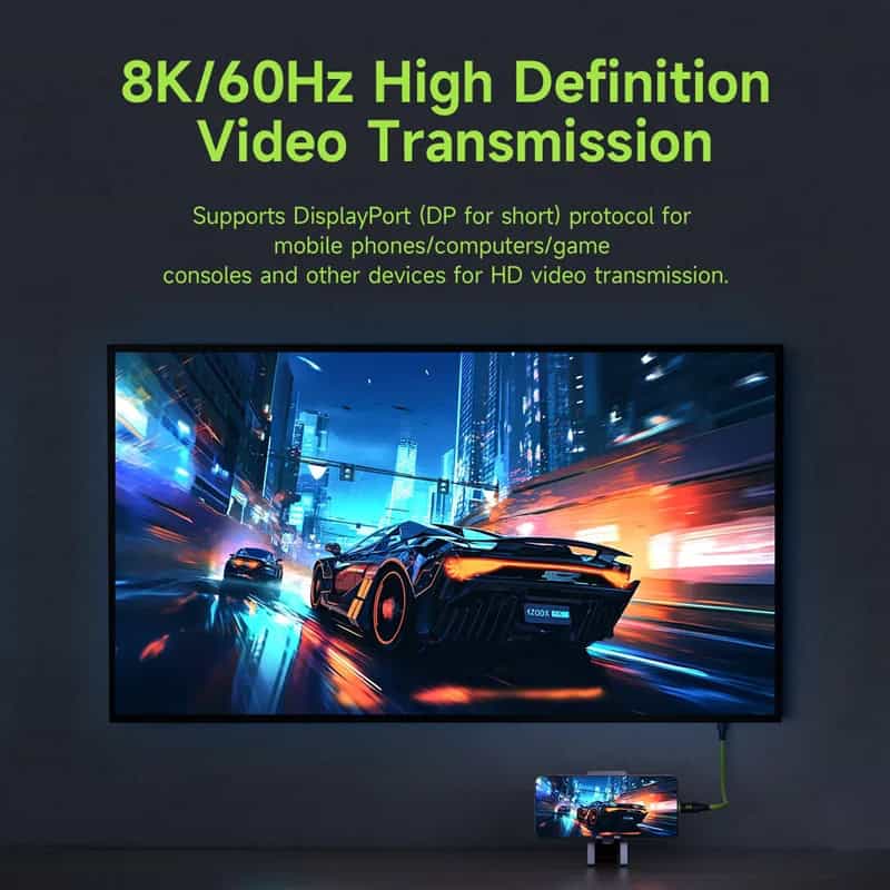 8K 60Hz high definition LED TV showcasing fast video transmission for gaming and entertainment, supporting DisplayPort protocol for vivid visual quality.