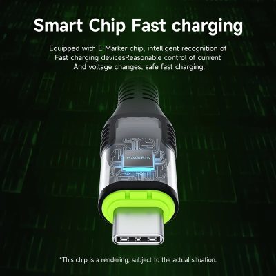 Fast charging USB-C cable with smart E-Marker chip for intelligent recognition and voltage control, ensuring safe and quick power delivery for electronic devices.