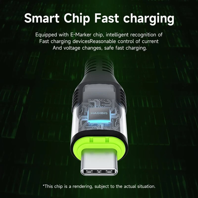 Fast charging USB-C cable with smart E-Marker chip for intelligent recognition and voltage control, ensuring safe and quick power delivery for electronic devices.