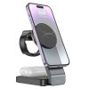 Wireless charging station with smartphone, smartwatch, and earbuds holder, showcasing modern tech accessories in a sleek design for convenience and efficiency.