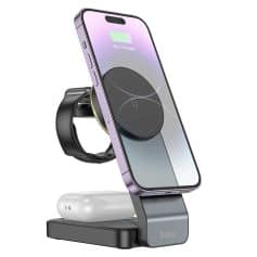 Wireless charging station with smartphone, smartwatch, and earbuds holder, showcasing modern tech accessories in a sleek design for convenience and efficiency.