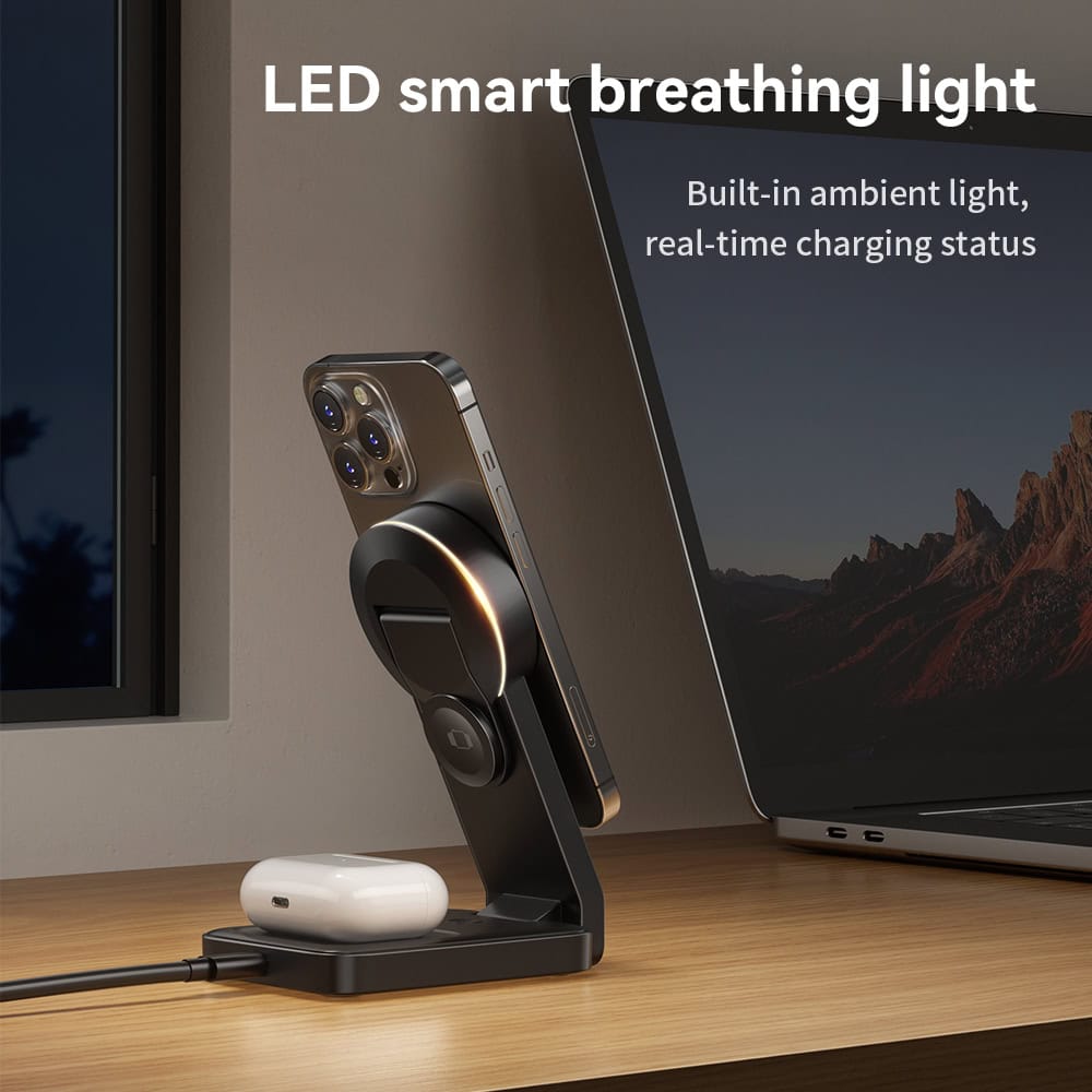 Wireless phone charging stand with LED smart breathing light, built-in ambient light, and real-time charging status indicator for convenience and modern style.