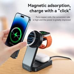 Wireless magnetic charging station with phone and smartwatch chargers for efficient device power solutions.