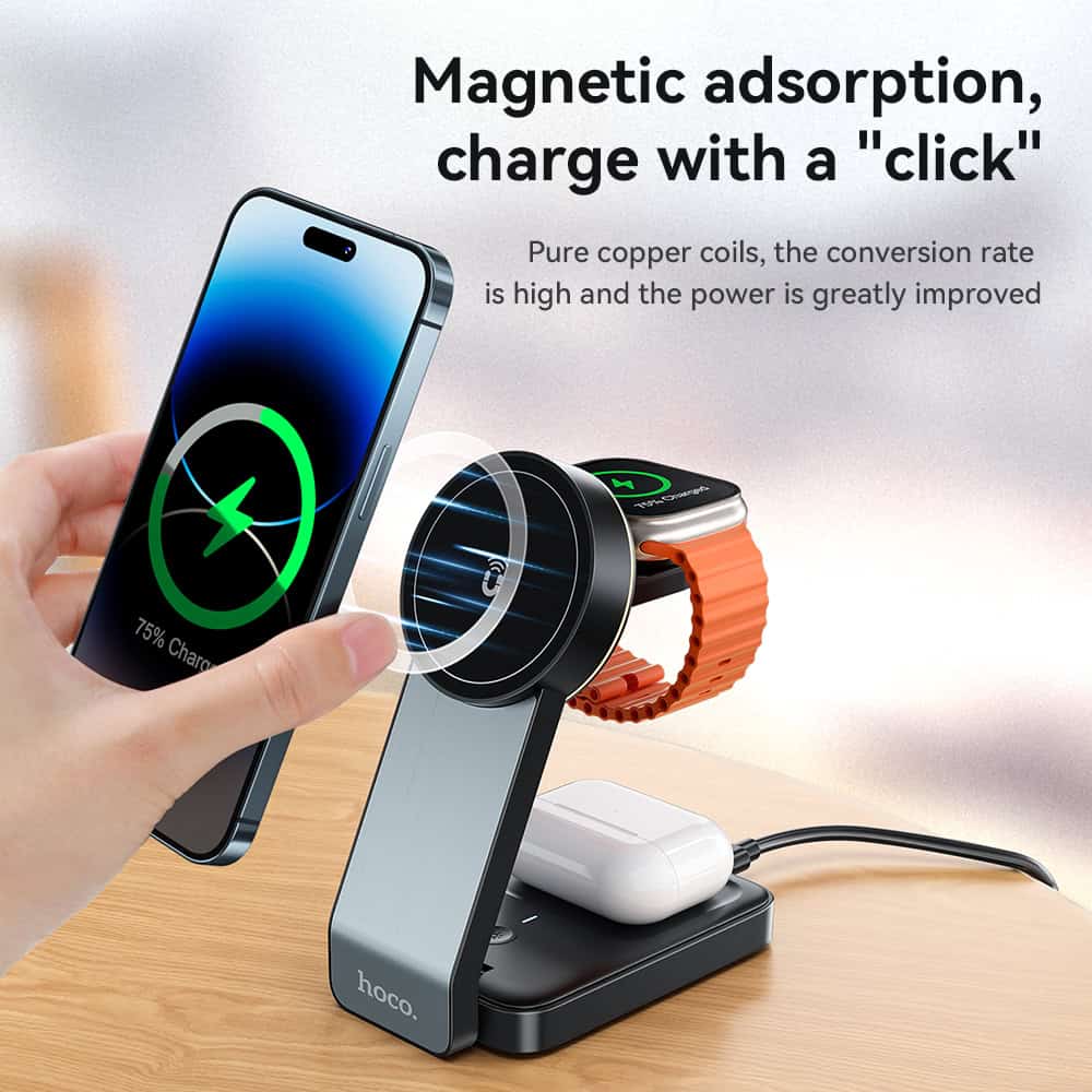 Wireless magnetic charging station with phone and smartwatch chargers for efficient device power solutions.