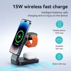 Wireless fast charging station for mobile phones, smartwatches, and wireless earbuds, compatible with Monalisa Medical Store products, featuring 15W power for efficient charging.