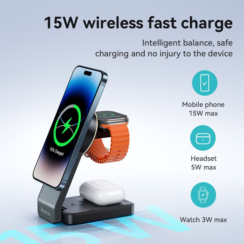 Wireless fast charging station for mobile phones, smartwatches, and wireless earbuds, compatible with Monalisa Medical Store products, featuring 15W power for efficient charging.