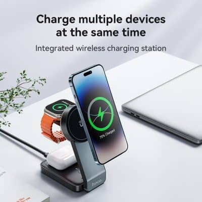 Wireless charging station for multiple devices, including smartphones and wearables, featuring fast charging and sleek design for efficient device management.