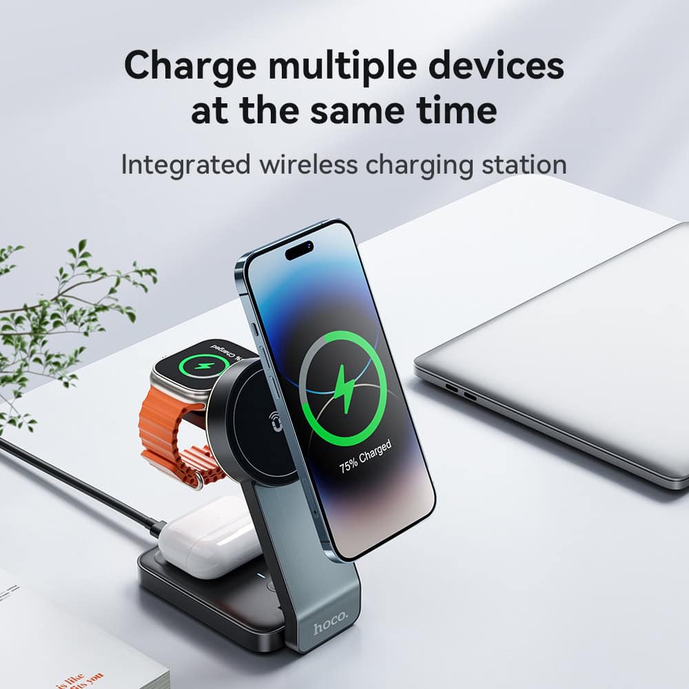 Wireless charging station for multiple devices, including smartphones and wearables, featuring fast charging and sleek design for efficient device management.