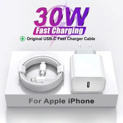 Fast charging USB-C original fast charger cable for Apple iPhone, 30W power adapter, compatible with iPhone charging accessories, high-speed data transfer and reliable performance, Monalisa Medical Store.