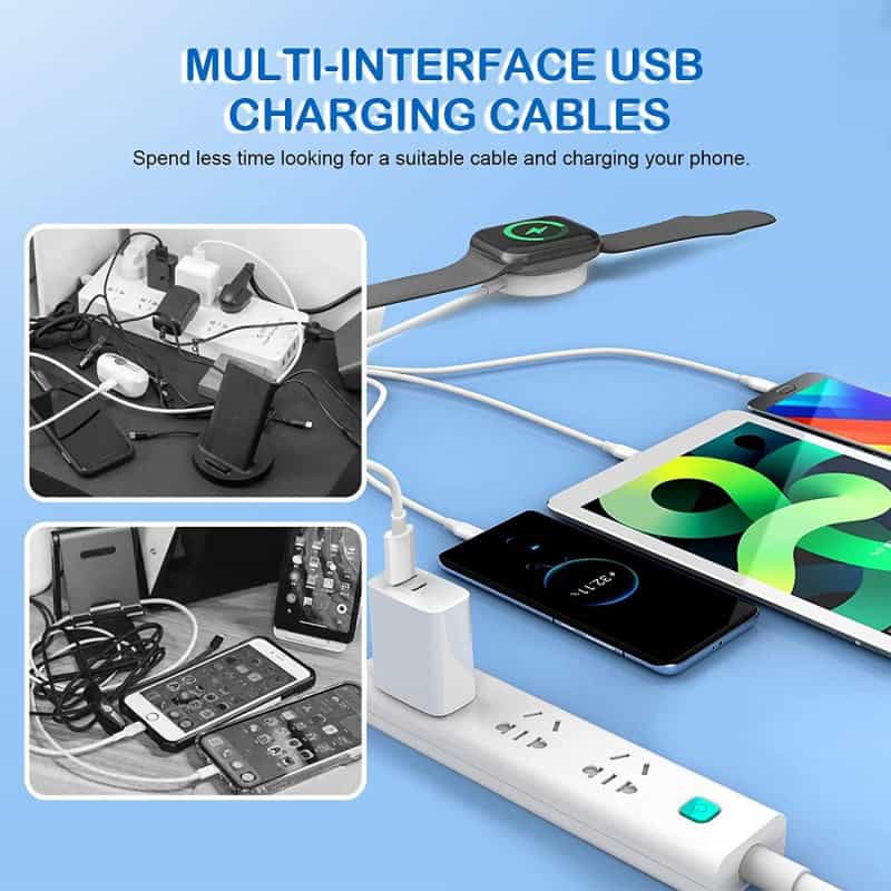 Multi-interface USB charging cables image for electronic devices and smartphones.