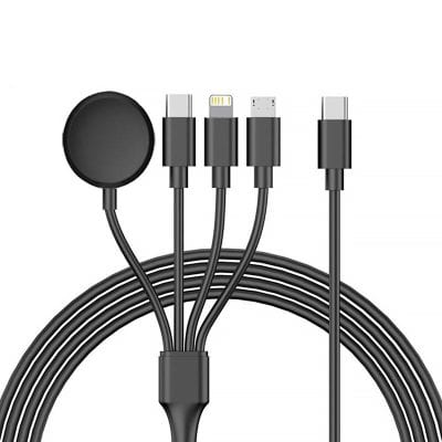 USB-C charging cable with multiple connectors including Lightning, Micro USB, and USB-A for versatile electronic device charging and data transfer.