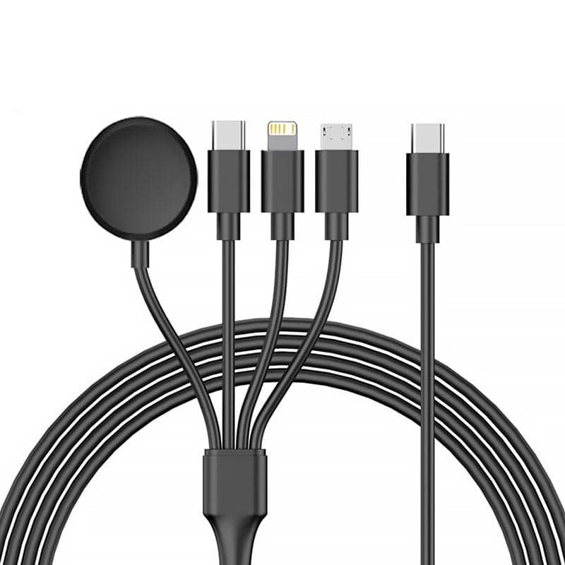 USB-C charging cable with multiple connectors including Lightning, Micro USB, and USB-A for versatile electronic device charging and data transfer.