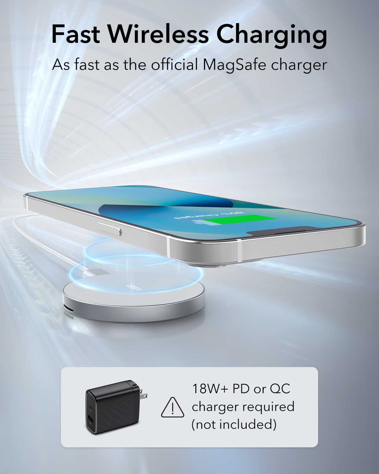 Fast wireless charging for smartphones, compatible with MagSafe chargers, quick and efficient charging solution.