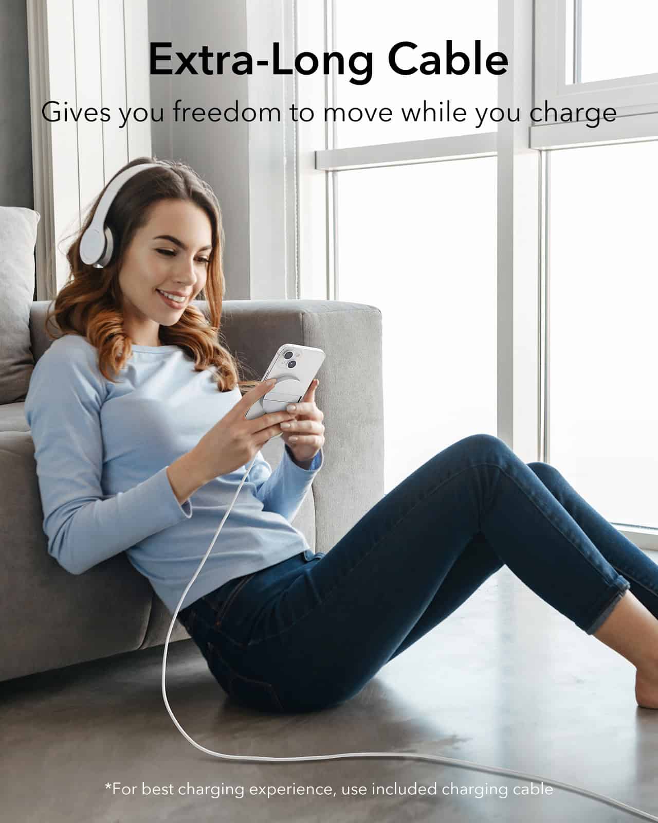 Extra-long charging cable for portable devices and smartphones, perfect for comfortable use and freedom of movement.