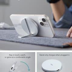 Wireless charging stand for iPhone with adjustable kickstand, seamless charging experience, compatible with Apple devices, sleek design, ideal for tech-savvy users.