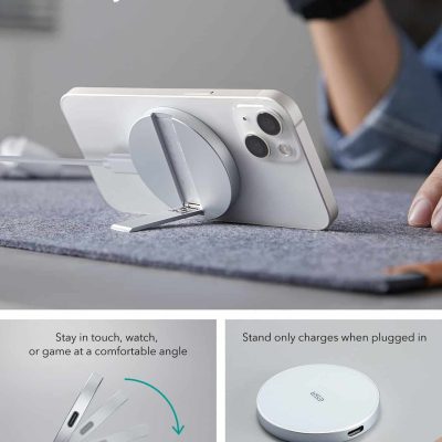 Wireless charging stand for iPhone with adjustable kickstand, seamless charging experience, compatible with Apple devices, sleek design, ideal for tech-savvy users.