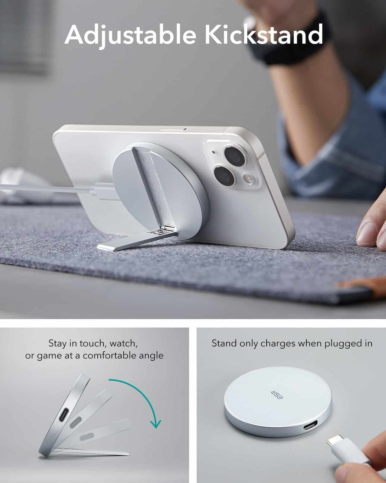 Wireless charging stand for iPhone with adjustable kickstand, seamless charging experience, compatible with Apple devices, sleek design, ideal for tech-savvy users.