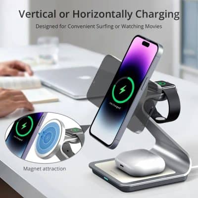 Wireless charging station for smartphones, AirPods, and smartwatch, with magnetic attraction feature for easy placement, ideal for convenient mobile device charging at Monalisa Store.