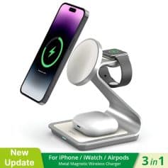 Wireless magnetic charger for iPhone, iWatch, and AirPods, compatible with fast charging, sleek modern design, upgrade your Apple device charging experience at Monalisa Store.