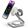 Wireless charging station with a smartphone, wireless earbuds, and smartwatch, modern tech gadgets, fast charging, compatible with iPhone and Apple Watch, sleek design, convenience, mobile accessory, Monalisa Store.