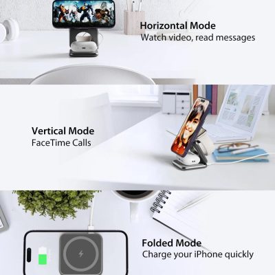 Wireless phone holder with multi-mode stand for video calls and charging, modern desk accessories for remote work.