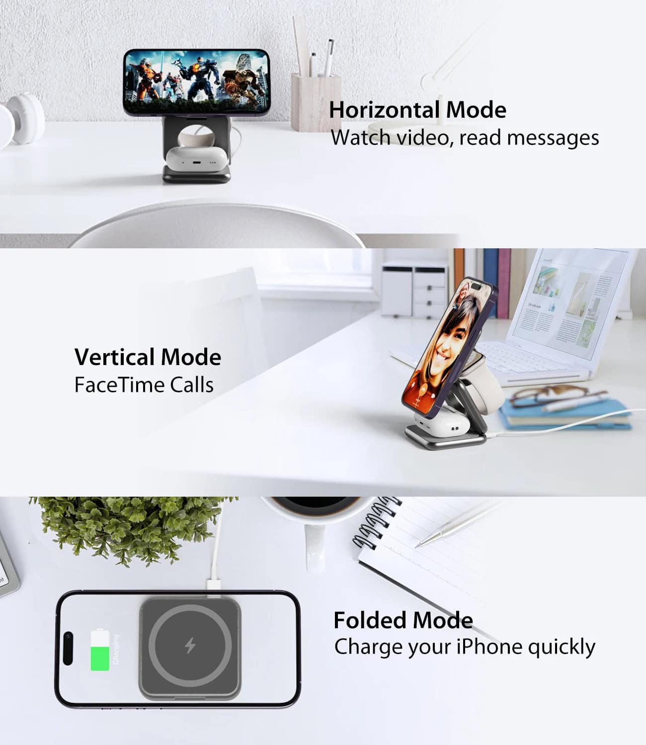 Wireless phone holder with multi-mode stand for video calls and charging, modern desk accessories for remote work.