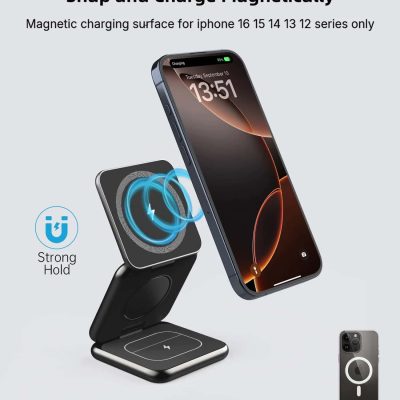 Wireless magnetic charger compatible with iPhone and MagSafe cases, featuring strong hold and fast charging capabilities. Ideal for seamless mobile device charging.
