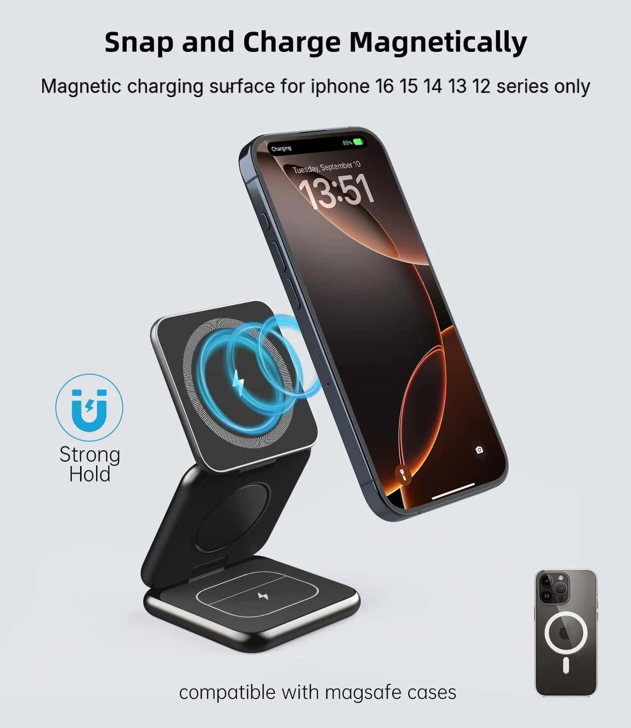 Wireless magnetic charger compatible with iPhone and MagSafe cases, featuring strong hold and fast charging capabilities. Ideal for seamless mobile device charging.