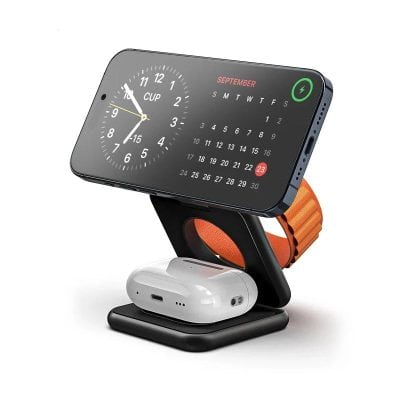 Smart digital clock and wireless earbuds stand on charging dock, innovative tech accessories for modern lifestyle, Monalisa Store, electronics, portable gadgets, tech accessories, smart devices, lifestyle technology, modern gadgets.