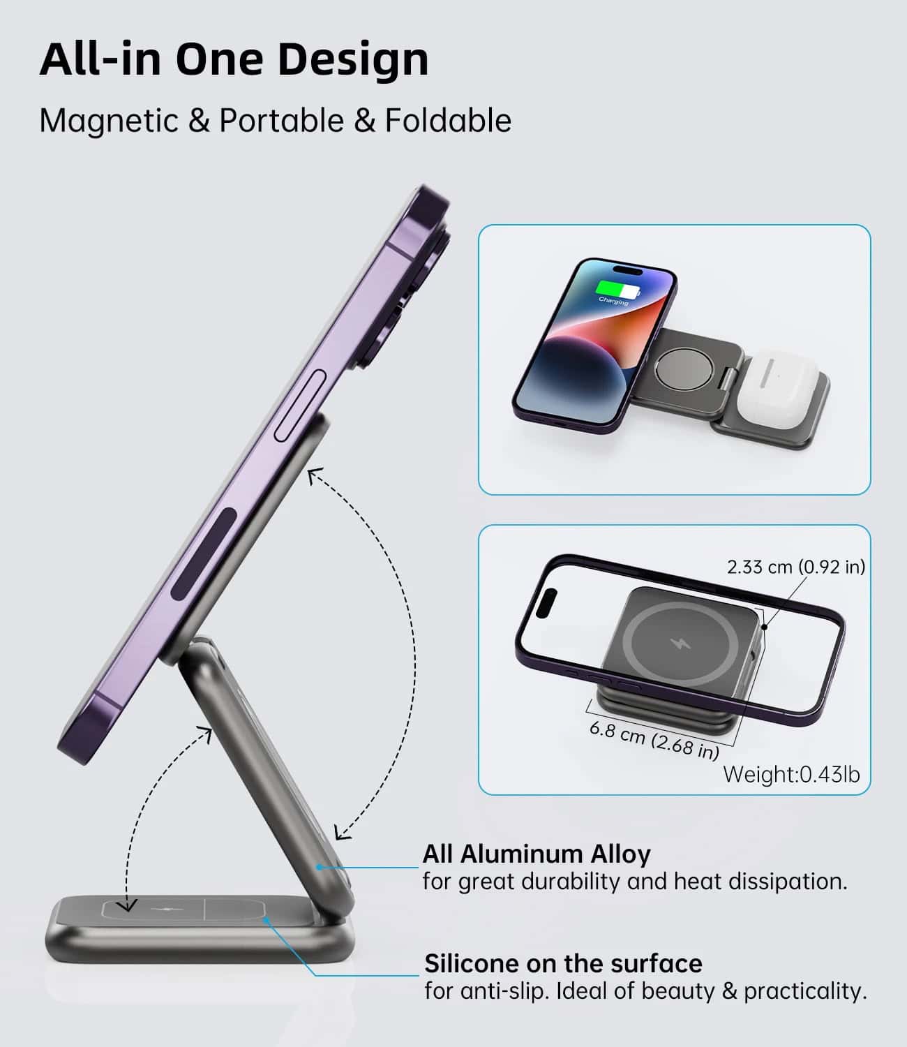 Wireless charging stand for smartphones, compatible with all devices, made of durable aluminum with anti-slip silicone surface, ideal for modern tech and portability.