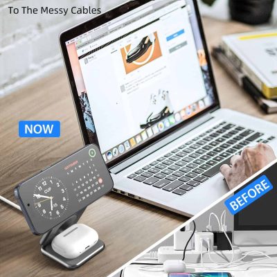 Laptop computing device on desk with messy cables and wireless charger, before cleaning.