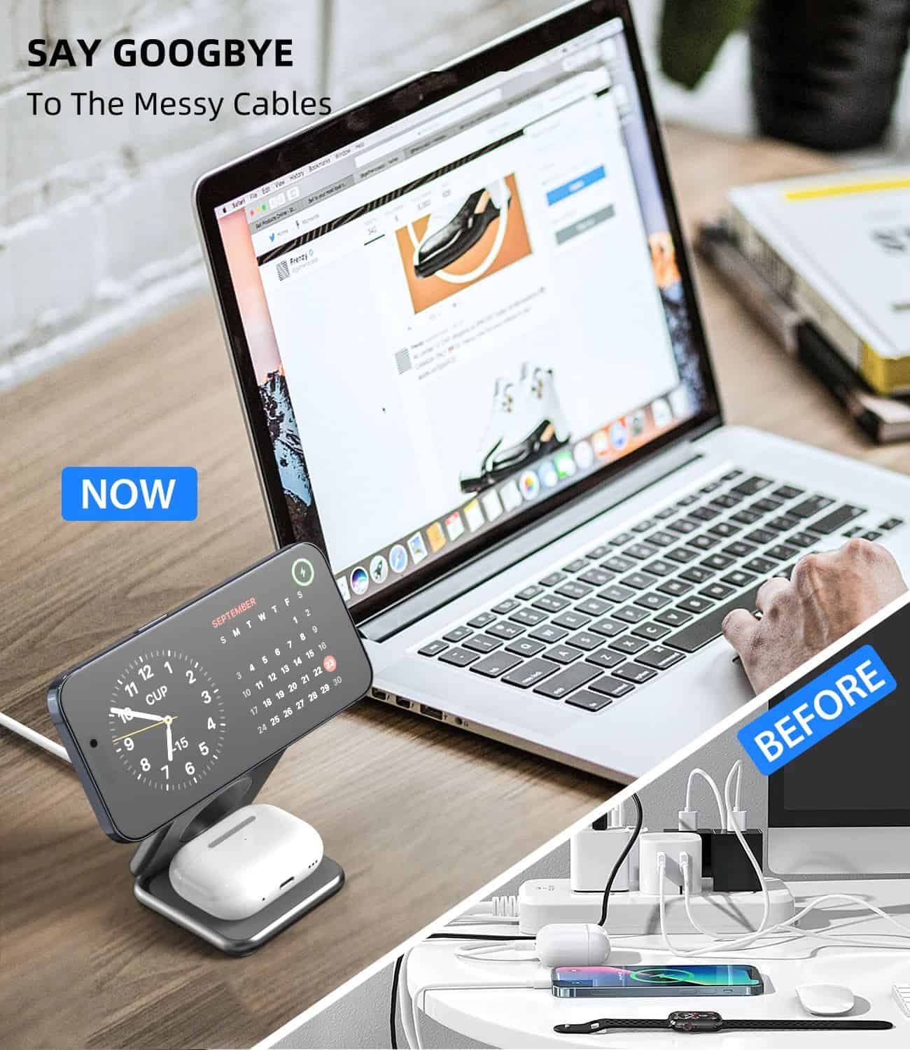 Laptop computing device on desk with messy cables and wireless charger, before cleaning.