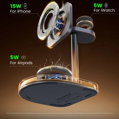 High-quality wireless charging pad with metal and independent coils for iPhone, iWatch, and Airpods, featuring fast charging, anti-over temperature, short circuit protection, and battery safety.