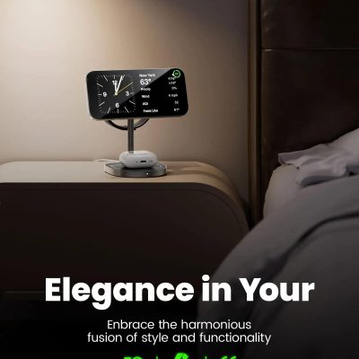 Wireless smart clock with weather, temperature, and air quality display on a bedside table, showcasing modern technology for home or hotel room decoration.