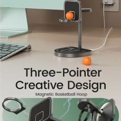 Three-point basketball hoop and stand with magnetic design, ideal for office or home desk use, promoting active breaks and eye health.