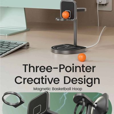 Three-point basketball hoop and stand with magnetic design, ideal for office or home desk use, promoting active breaks and eye health.