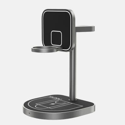 Wireless charging station with basketball court design for mobile devices. Perfect for sports-themed spaces, offering convenient charging for smartphones and tablets in a stylish, modern look.