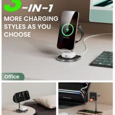 Wireless charging pad with 3-in-1 fast charging for smartphones, earbuds, and accessories, perfect for office, home, and leisure use. stylish, versatile, and convenient charging solution.