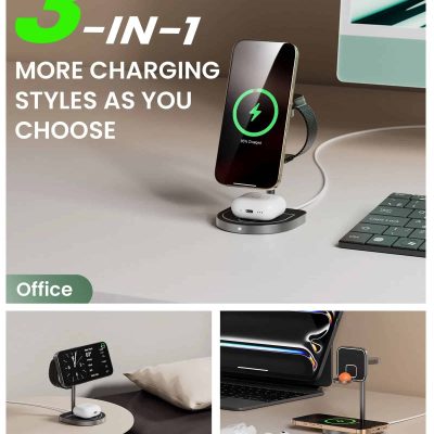 Wireless charging pad with 3-in-1 fast charging for smartphones, earbuds, and accessories, perfect for office, home, and leisure use. stylish, versatile, and convenient charging solution.