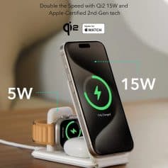 Fast wireless charging dock for Apple Watch and iPhone, supporting 5W and 15W charging speeds, compatible with Qi2 15W and Apple-certified 2nd-gen technology for effective mobile device charging.