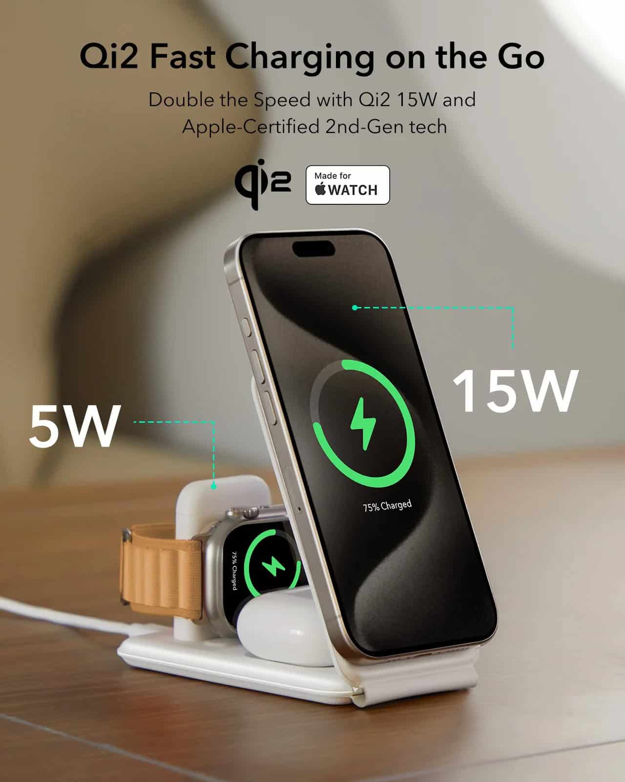 Fast wireless charging dock for Apple Watch and iPhone, supporting 5W and 15W charging speeds, compatible with Qi2 15W and Apple-certified 2nd-gen technology for effective mobile device charging.