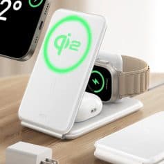 Wireless fast charging station with Qi2 technology for smartphones, smartwatches, and wireless earbuds, featuring LED indicator lights and sleek design.