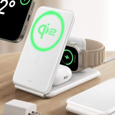 Wireless fast charging station with Qi2 technology for smartphones, smartwatches, and wireless earbuds, featuring LED indicator lights and sleek design.