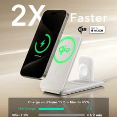 Qi2 15W fast wireless charger for iPhone and Apple Watch, offers 2x faster charging, sleek design, and compatibility with Apple devices for quick, efficient charging.