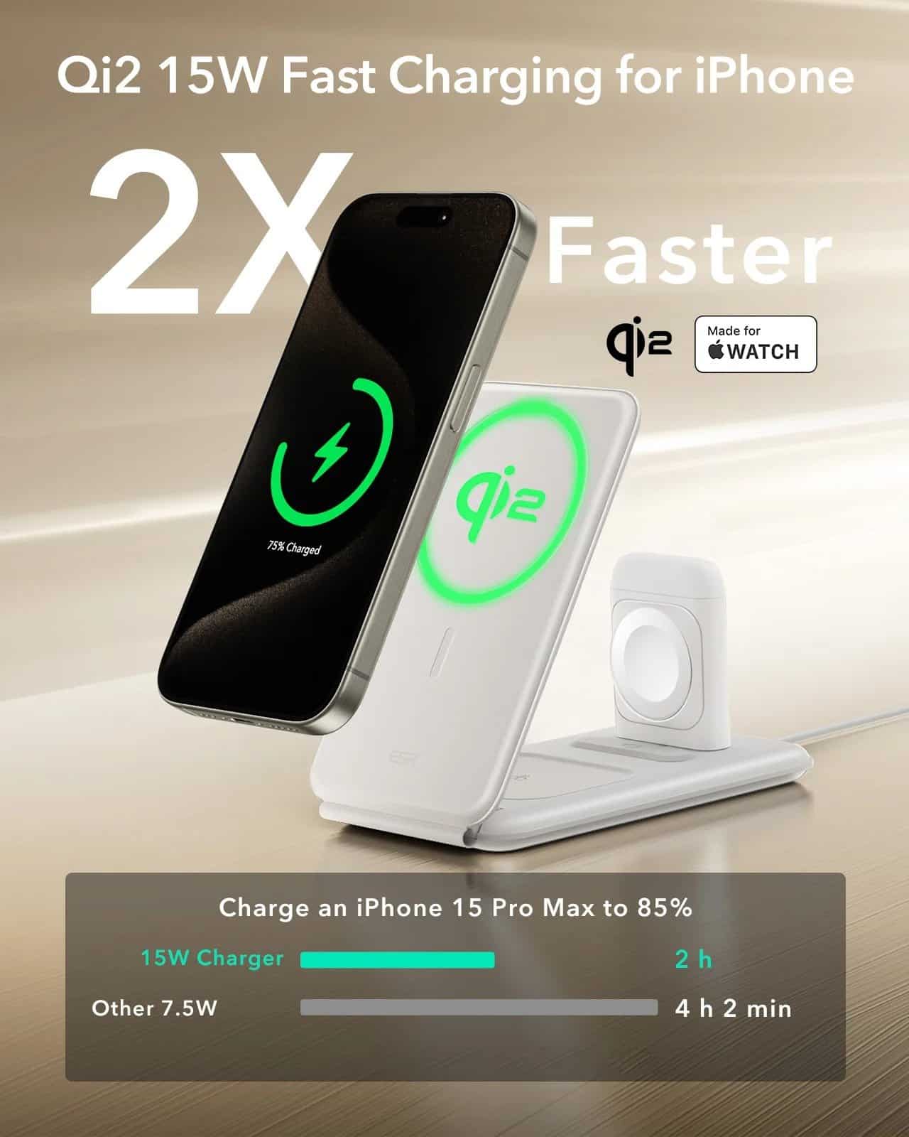 Qi2 15W fast wireless charger for iPhone and Apple Watch, offers 2x faster charging, sleek design, and compatibility with Apple devices for quick, efficient charging.