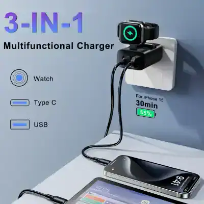 3-in-1 multifunctional charger for Apple Watch, Type C and USB compatible, fast iPhone 15 charging dock with 55% battery indicator.